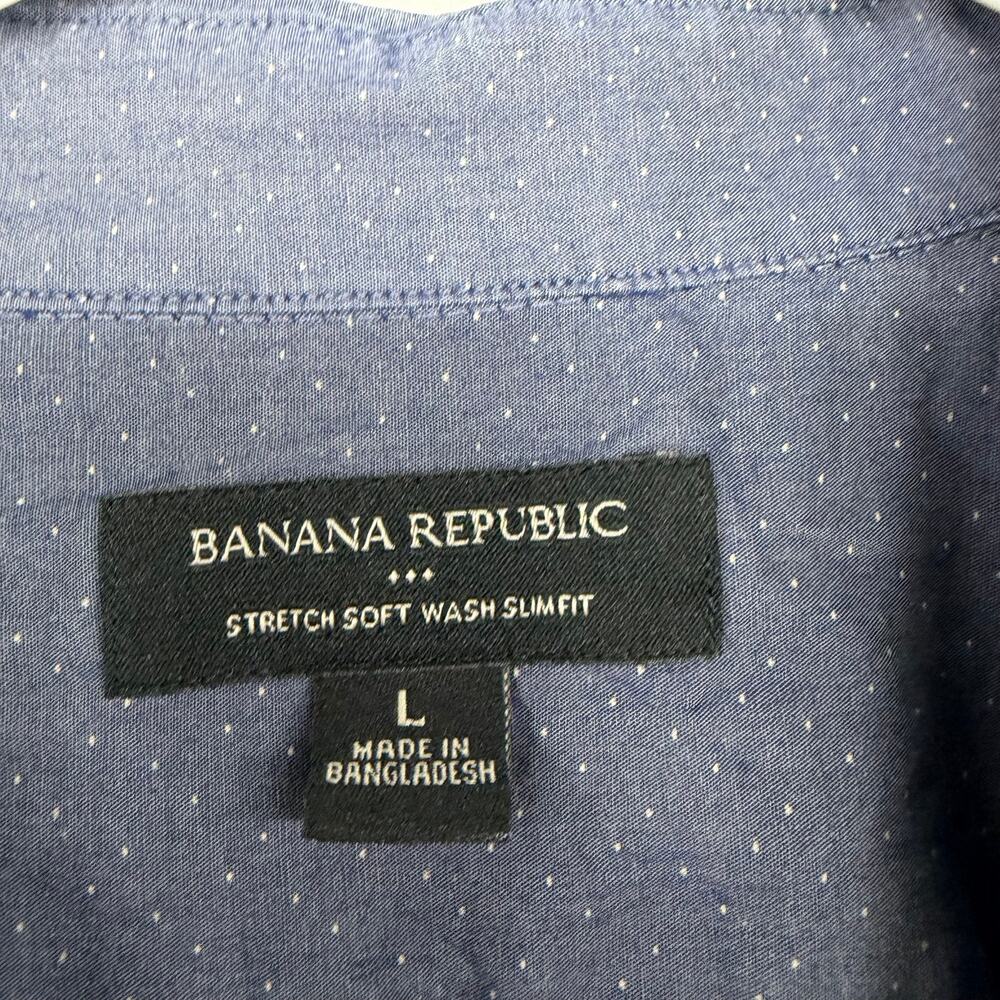 Banana Republic Slim Fit Chambray Short Sleeve Shirt Sz L Micro Dot Stretch - Picture 3 of 15